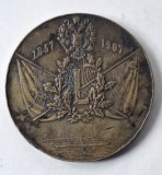 Placheta Rusia Imperiala / Tarista - Medalia 50 ani a Societatii Ruse de Navigatie si Comert 1857- 1907 . Diametru foarte mare : 69 mm . Rara !