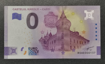 Rom&amp;acirc;nia Bancnotă suvenir 0 Euro Cetatea Carei cu plic și vedere foto