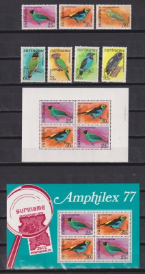 SURINAM 1977 FAUNA PASARI MI 764-770 +BL. 18 +BL 19 MNH foto