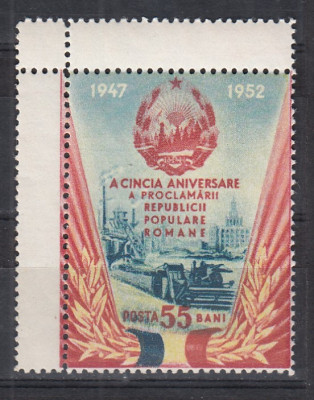 ROMANIA 1952 LP 335 A 5-A ANIVERSARE A PROCLAMARII R. P. R. MNH foto