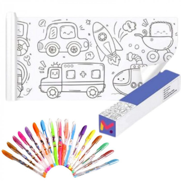 Set Creativ pentru copi, Rola de Hartie Auto-Adeziva, Model cu Masini si Set de