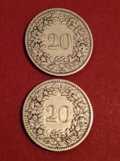 Lot 2 monede Elvetia: 20 rappen 1896 + 1897 [poze]. Discount conform descriere [10 - 20 %. Vezi descrierea.].