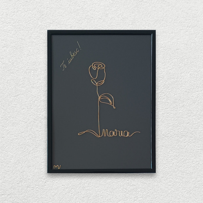 Te iubesc,Maria!, tablou personalizat din fir continuu de sarma placata cu aur, 18&times;24 cm