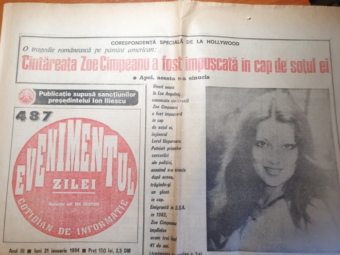 evenimentul zilei 31 ianuarie 1994- cantareata zoe campeanu a fost impuscata