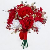 Buchet de flori mic, rosu, pentru nasa, mireasa sau cadou personalizabil ,cu trandafiri, hortensie si plante stabilizate