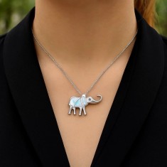 Colier elefant trompa in sus și piatra lunii, lantisor argintiu