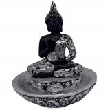 Statueta decorativa Buddha cu suport pentru betisoare parfumate, 11 cm, argintiu/negru