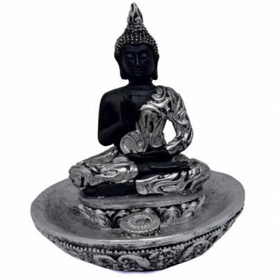 Statueta decorativa Buddha cu suport pentru betisoare parfumate, 11 cm, argintiu/negru foto