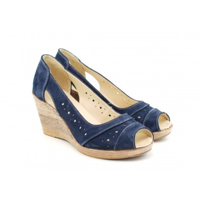 Pantofi dama decupati din piele naturala intoarsa - Bleumarin S1047BLUE foto