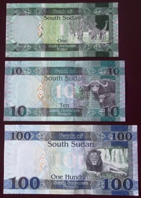 LOT SET 3 bancnote South Sudan 1 10 100 Pounds 2011 2016 2019 animale fauna UNC necirculate ** foto
