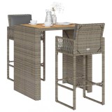 Set mobilier bar de grădină, cu perne, 3 piese, gri, poliratan