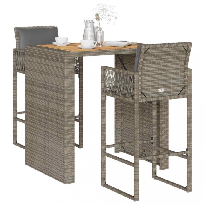 Set mobilier bar de grădină, cu perne, 3 piese, gri, poliratan