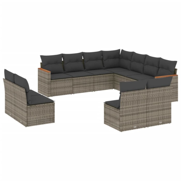 Set canapele de gradina cu perne, 11 piese, gri, poliratan