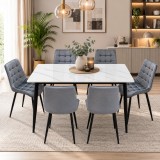 Set masa living Lineo FDT1, blat ceramica, structura metalica, 140x80x75 cm, alb gri si 6 scaune Gloria FDC20, tapiterie catifea, 90 kg, gri