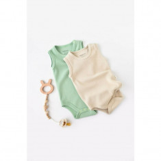 Set 2 body-uri fara maneci bebe unisex -100% bumbac organic - Mint/Stone, BabyCosy (Marime: 3-6 Luni)