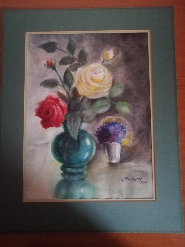 Tablou pictura acuarela pe hartie vaza trandafiri semnat datat 1975 56x44.5  cm, Flori, Realism | Okazii.ro