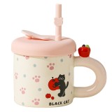 Cana din ceramica cu capac si pai, flippy, capacul si paiul din silicon roz, 9x8.5 cm, model cute d, capacitate 380ml
