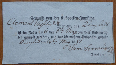 Bilet de vaccinare din Ardeal, 1851 foto
