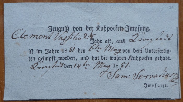 Bilet de vaccinare din Ardeal, 1851