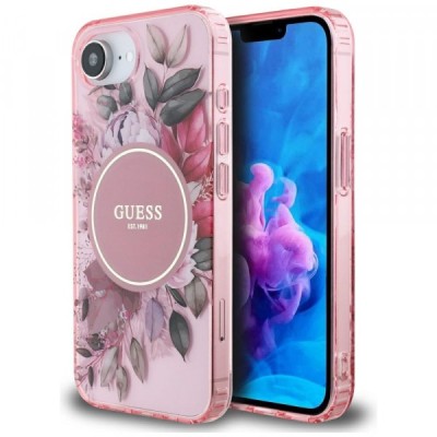 Husa MagSafe pentru Apple iPhone 16e, Guess, IML Flowers, Roz foto