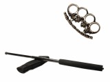 Cumpara ieftin Set Autoaparare: Baston Telescopic 50cm Negru Otel + Pumnal Craniu, Husa Curea, Box Metalic Aparare