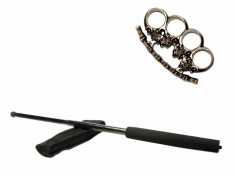 Set baston telescopic negru 50 cm si pumnal craniu