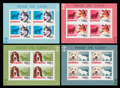 2001 Romania - Rase de caini 4 blocuri de 4 timbre LP 1551 a, MNH foto