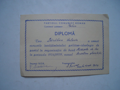 Diploma PCR Cursuri politico-ideologice, 1979 foto