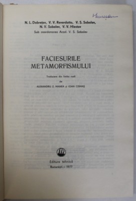FACIESURILE METAMORFISMULUI de N. L. DOBRETOV ... V. V. HLESTOV , 1977 foto