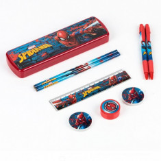 Set 9 piese pentru scoala, Spiderman, Plastic,Rosu-Albastru