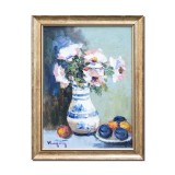 Tablou pictat manual inramat, Vaza cu flori si fructe, 45x35cm ulei pe panza in cutit efect 3D, Geo Ungureanu