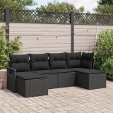 Set de canapea de gradina Gossi cu 6 perne ratan poliester negru, canapea de gradina Gossi cu depozitare si 2 perne ratan poliester negru