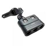 &Icirc;ncărcător Auto Olesson cu 3 Prize și 4 Porturi USB si voltmetru