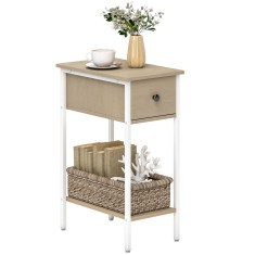 HOMCOM Masă Auxiliară &Icirc;ngustă cu Sertar Raft Deschis și Structură Metalică pentru Sufragerie Dormitor 25x39,8x58,2 cm Lemn Natural | Aosom Romania