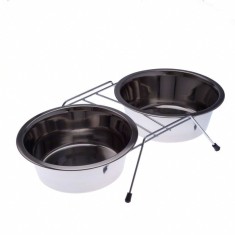 Set 2 castroane din inox pentru animale, suport metalic, 2 x 400 ml