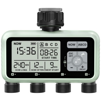 Programator Irigare 4 Iesiri, cu Ecran LCD, Programe Automat/Manual, Functie Rain Delay si Blocare, Rezistent la Apa IPX5, Accesorii Incluse, Verde/Ne foto