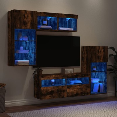 Unități de perete TV cu LED-uri, 5 piese, stejar fumuriu, lemn foto
