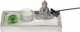 Decoratiune Buddha zen garden cu suport de lumanare, 19x10x8 cm, ciment, gri, Excellent Houseware