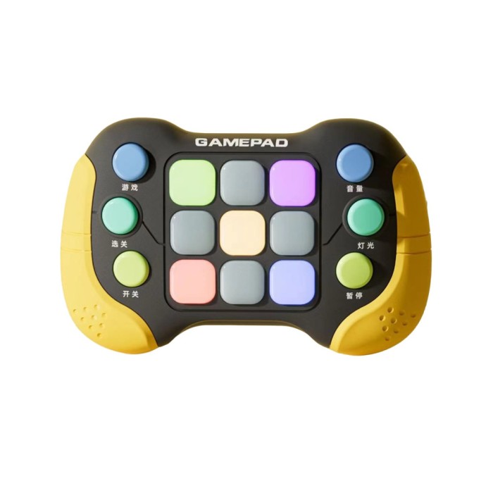 Jucarie interactiva flippy, tip consola pop it, 6 butoane functionale, 5 moduri de joc, 600 niveluri, + 3 ani, galben/negru