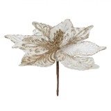 Floare Decorativă Crăciun Albă, Catifelată, Sclipici Auriu, 26cm, Oem