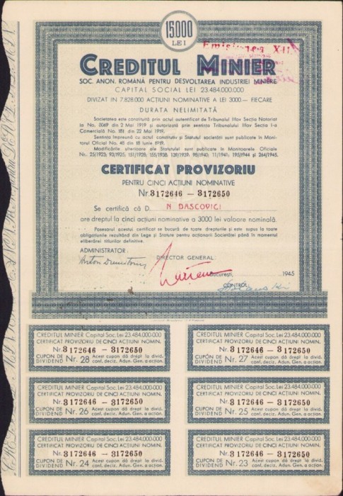 A542 Acțiune Creditul Minier pe numele academicianului Nicolae Dașcovici