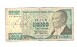 Bancnota Turica 50000 lire 1989, circulata, stare relativ buna, scrisa