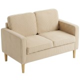 HOMCOM Canapea 2 locuri cu 2 perne decorative, depozitare, picioare din lemn masiv, loveseat mic modern, catifea c&ocirc;telată, 117 x 63 x 79 cm, bej | Aos