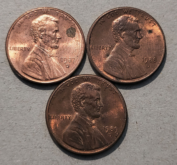 1 cent USA - SUA - 1987 D, 1988 D, 1989 D