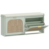 HOMCOM Bancă pentru &icirc;ncălțăminte, banc de depozitare, șezut căptușit, sertare rabatabile, ușă din ratan, 104 x 26 x 47,5 cm, verde | Aosom Romania