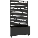 Outsunny Jardinieră cu spalier, cuvă din metal pentru flori cu panou pentru intimitate și roți, spalier decupat &icirc;n lamele, 90x30x160cm, negru | Aosom