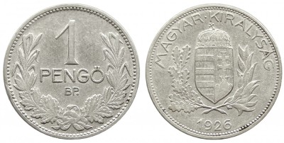 t346 UNGARIA 1 PENGO 1926 ARGINT PRIMA EMISIUNE VF foto