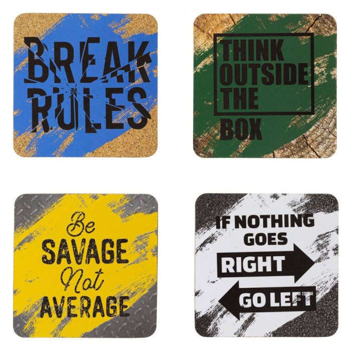 Set Suporturi Pahare, Model Mesaje Motivaționale, Multicolor, Lemn, 10x10 cm, 4 Bucăți