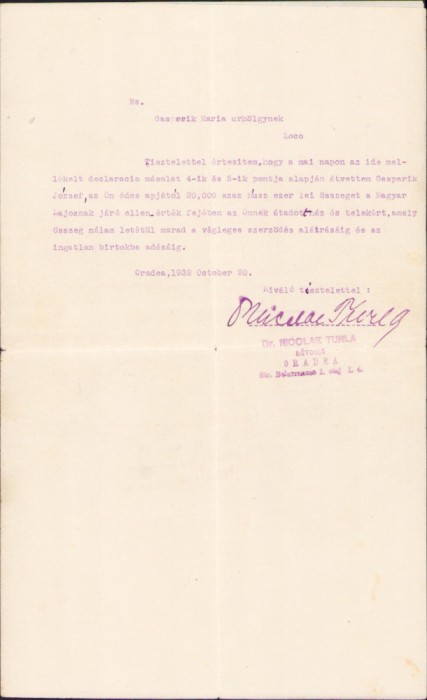 A2540N Semnătura olografă a avocatului Nicolae Turla din Oradea, 1932