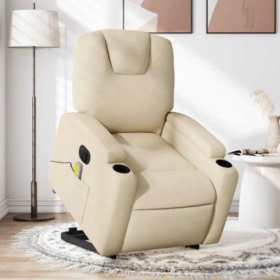 vidaXL Fotoliu electric de masaj rabatabil cu ridicare, crem, textil foto